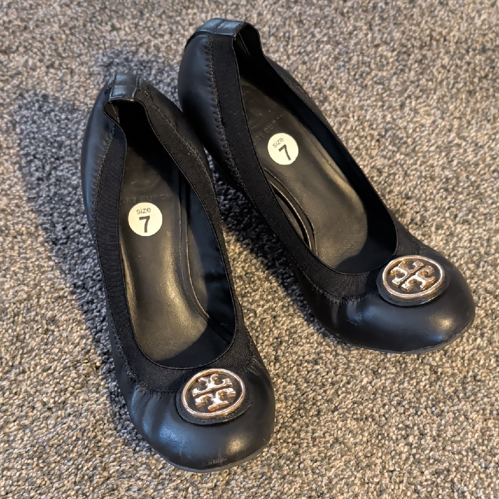 Tory Burch Black Leather Logo Round-Toe Wedge with Gold Emblem